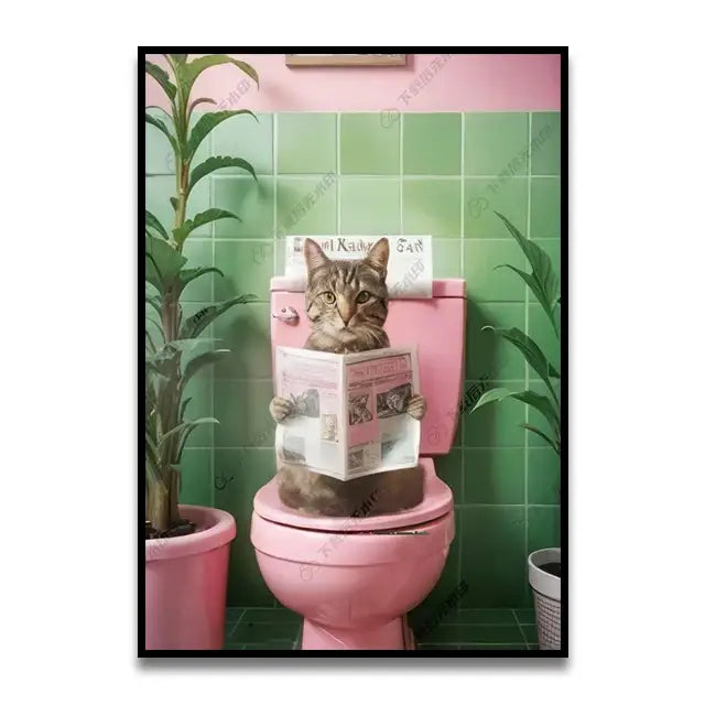 A framed canvas print from decorbites featuring wall art of a tabby cat reading a newspaper on a pink toilet