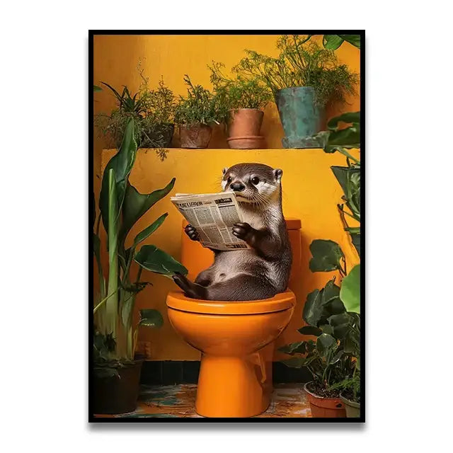 Decorbites™ funny cat bathroom canvas wall art featuring a cartoon otter on an orange toilet with plants on yellow wall