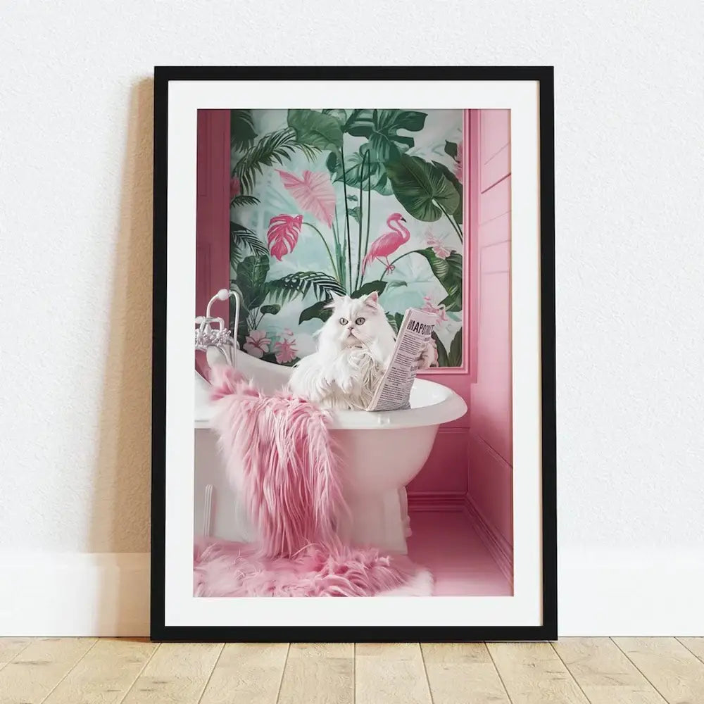 Framed canvas wall art from decorbites featuring a fluffy white cat in a pink bathtub with flamingos and tropical foliage