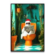 Decorbites™ funny cat bathroom wall art featuring orange toilet canvas with ghost in santa hat reading newspaper