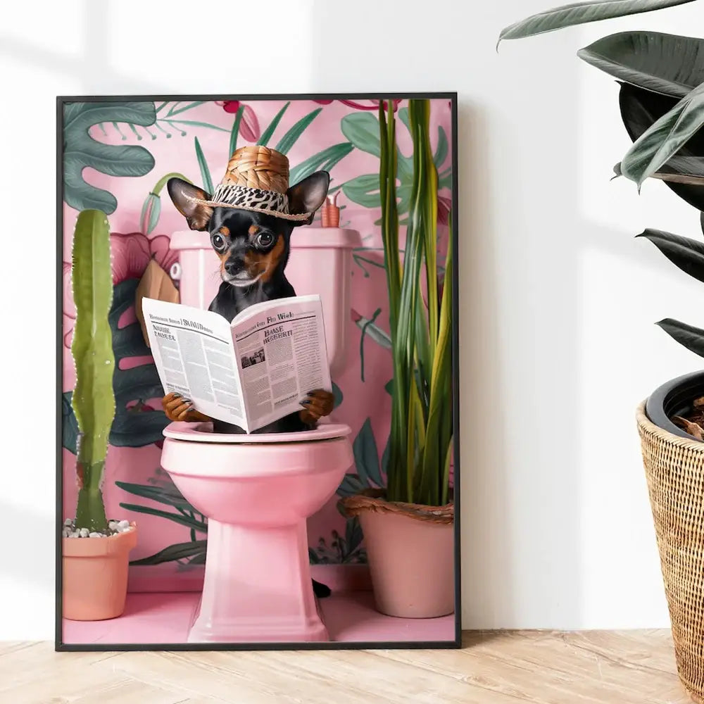 Decorbites™ funny cat bathroom wall art featuring a pink ceramic toilet with a dog wearing a straw hat reading newspaper toilet canvas