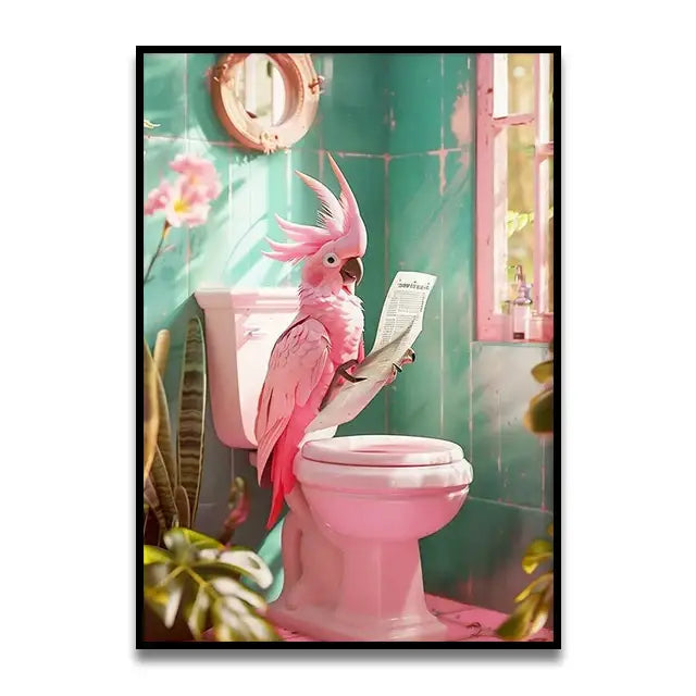 Pink parrot holding newspaper on toilet decor bites funny cat bathroom canvas wall art for toilet canvas decor