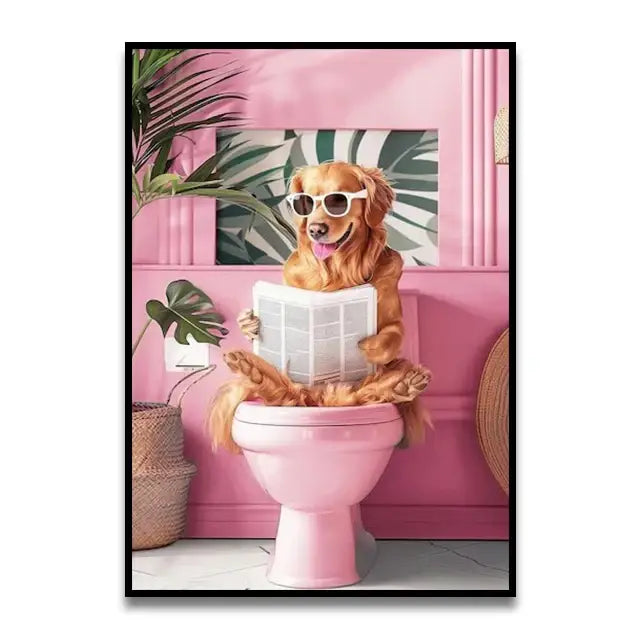Decorbites™ funny cat bathroom wall art featuring a pink toilet canvas with a golden retriever in sunglasses reading a newspaper
