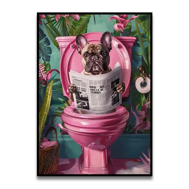 Decorbites™ funny cat bathroom wall art print featuring a vibrant pink toilet with a french bulldog and tropical foliage