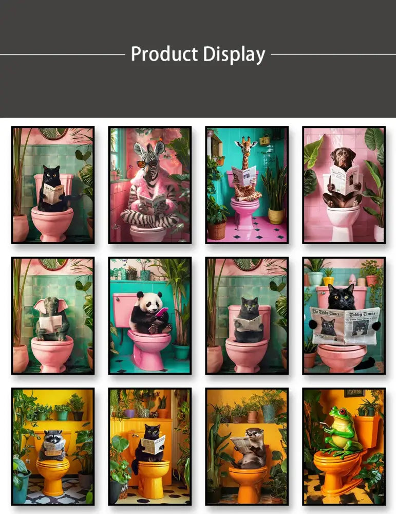 Set of twelve vibrant framed canvas wall art prints by decorbites featuring whimsical animals on colorful toilets for bathroom decor