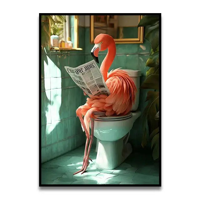 Decorbites™ funny cat bathroom wall art featuring a vibrant pink flamingo perched on a toilet holding a newspaper