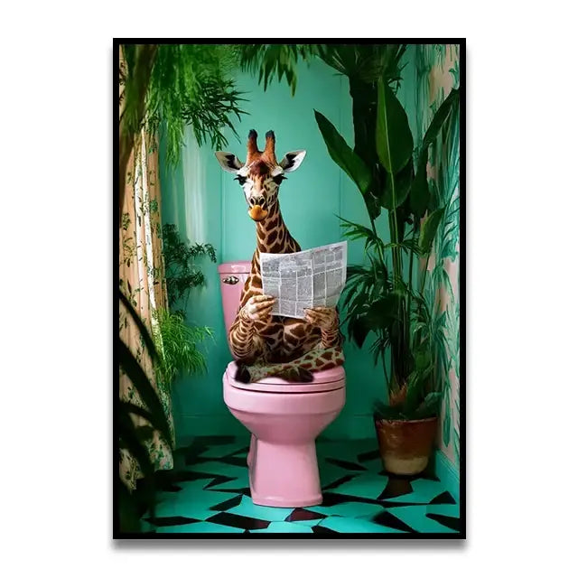 Decorbites™ funny cat bathroom wall art canvas featuring a giraffe on a pink toilet in a teal bathroom with plants toilet canvas