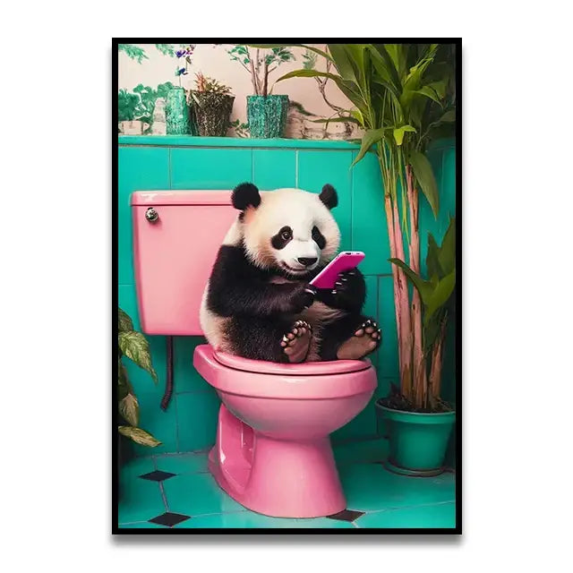 Whimsical decorbites™ funny cat bathroom toilet canvas wall art featuring a black and white panda on a pink toilet