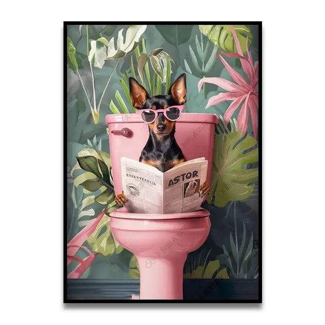 Decorbites™ funny cat reading canvas wall art featuring a black and tan dog in pink sunglasses on a pink toilet