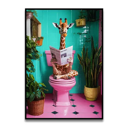 Decorbites™ funny cat reading canvas wall art featuring a giraffe on a pink toilet in a turquoise bathroom setting