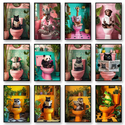 Decorbites™ funny cat reading on toilet canvas wall art featuring whimsical animals in colorful bathroom scenes