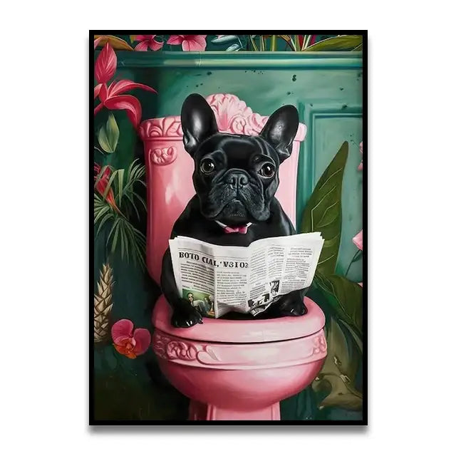 Decorbites™ funny cat reading on toilet wall art featuring a black french bulldog with pink bowtie on pink toilet canvas wall