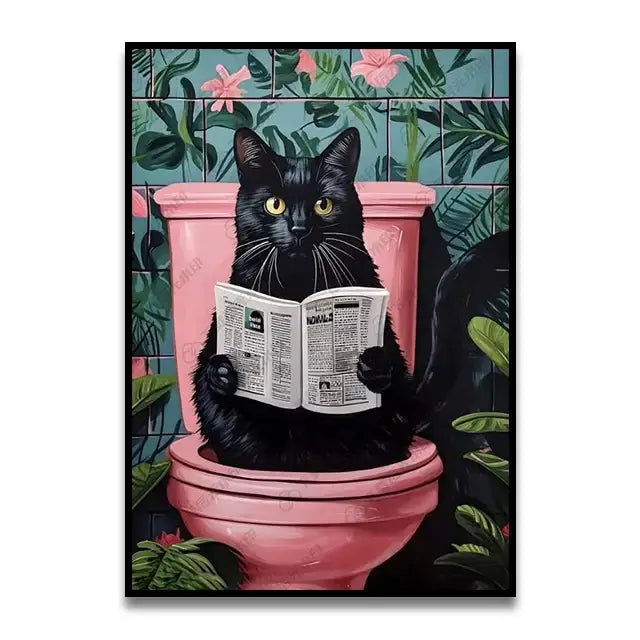 Decorbites™ funny cat reading on toilet wall art featuring a black cat with golden eyes on pink toilet canvas wall