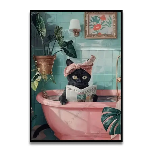 DecorBites™ wall art featuring a black cat reading newspaper in pink bathtub for toilet canvas wall decor