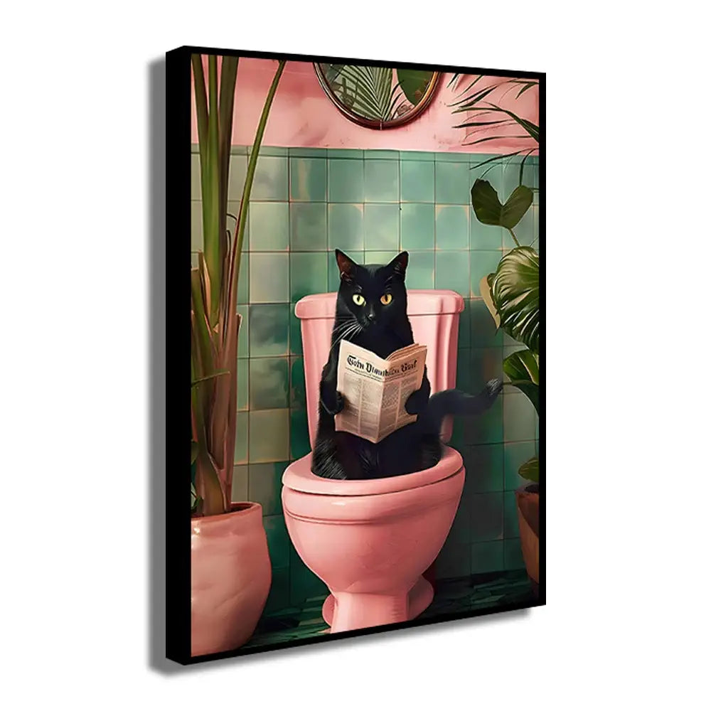 DecorBites™ wall art featuring a black cat reading a newspaper on a pink toilet for toilet canvas wall decor