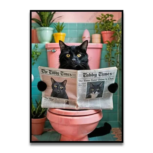 Decorbites™ funny cat reading on toilet wall art features a black cat with yellow eyes on a pink toilet canvas wall