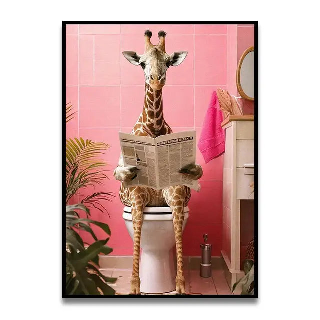 Framed decorbites™ wall art of a giraffe reading newspaper on toilet in pink tiled bathroom toilet canvas wall