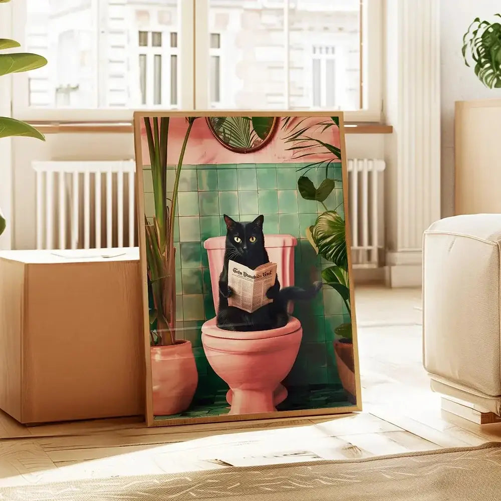 A framed wall art print of a black cat reading on toilet canvas with green tiles and tropical plants
