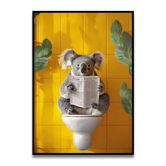 A framed DecorBites wall art of a gray cat reading newspaper on toilet with yellow tiled bathroom background