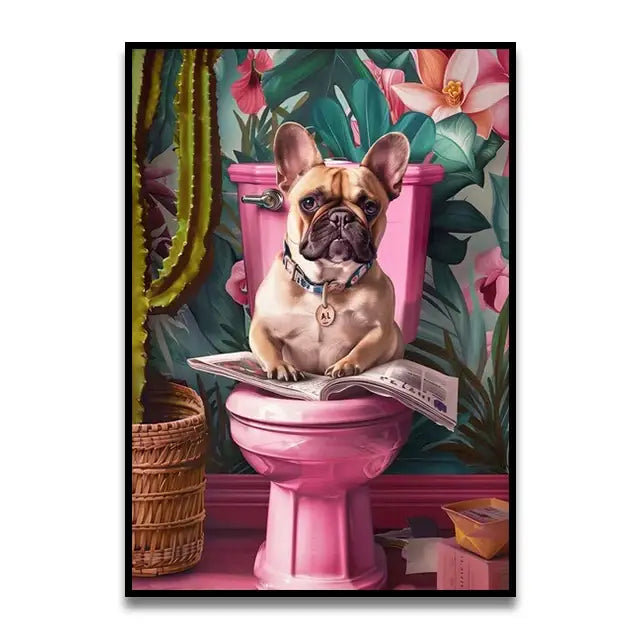 Decorbites™ funny cat reading toilet canvas wall art featuring a tan and black french bulldog on a pink toilet