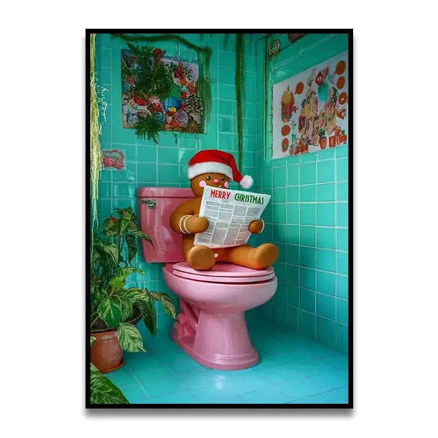 Decorbites™ funny cat reading on toilet wall art featuring a gingerbread man figurine on pink toilet holding merry christmas newspaper