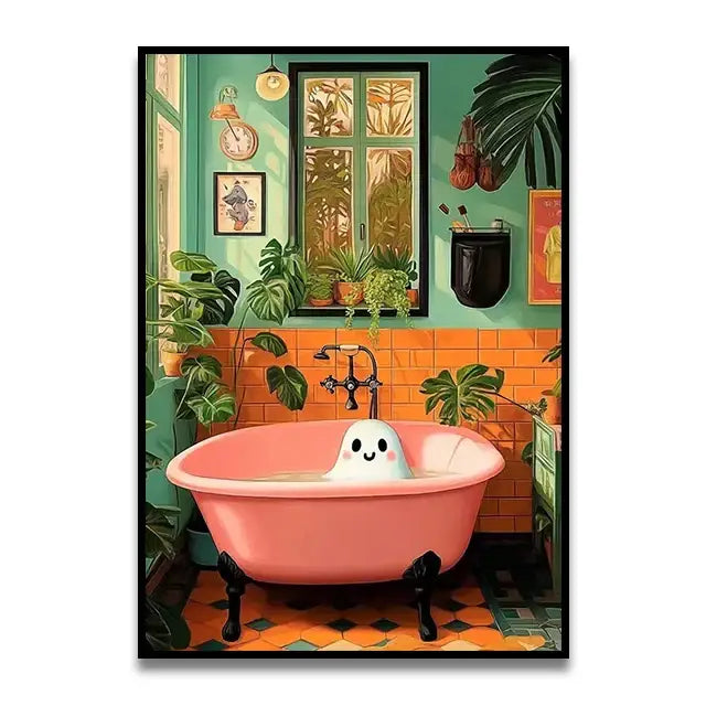 Pink clawfoot bathtub with black legs and smiling ghost figurine in decorbites funny cat reading toilet canvas wall art