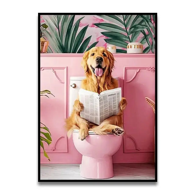 Decorbites™ funny cat reading on toilet pink toilet canvas wall art featuring a golden retriever reading a newspaper