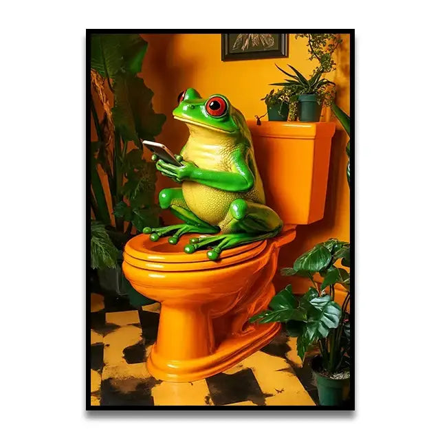 Decorbites™ funny cat reading toilet canvas wall art features a vibrant green frog with red eyes holding a smartphone atop an orange toilet
