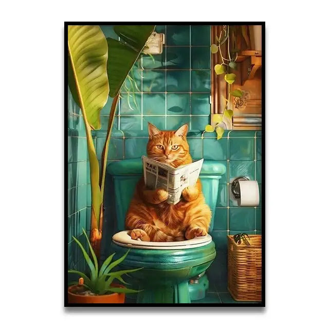 Decorbites™ wall art featuring a vibrant orange tabby cat reading newspaper on teal toilet canvas wall decor