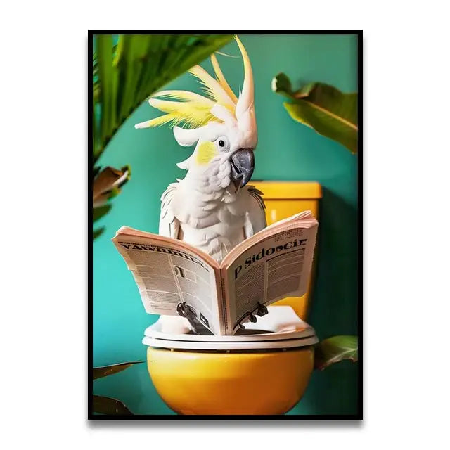 DecorBites™ wall art featuring a vibrant yellow cockatoo holding a newspaper on a toilet lid for toilet canvas wall