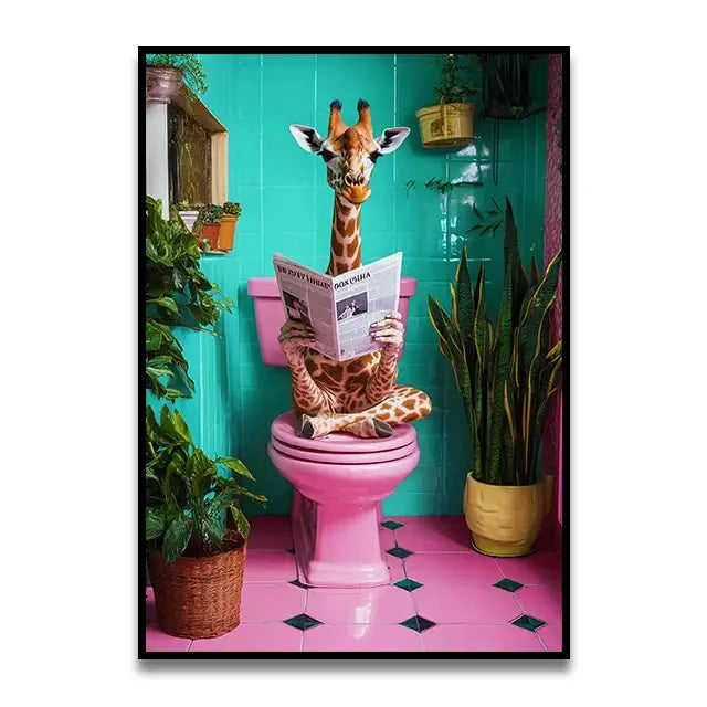 Decorbites™ funny cat reading toilet canvas wall art featuring a giraffe on a pink toilet in a turquoise bathroom