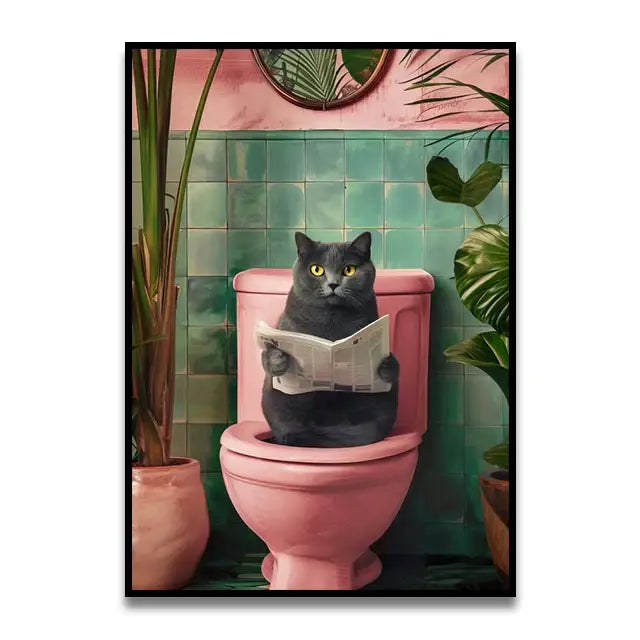DecorBites™ funny cat reading wall art featuring a gray cat with yellow eyes on a pink toilet canvas wall decor