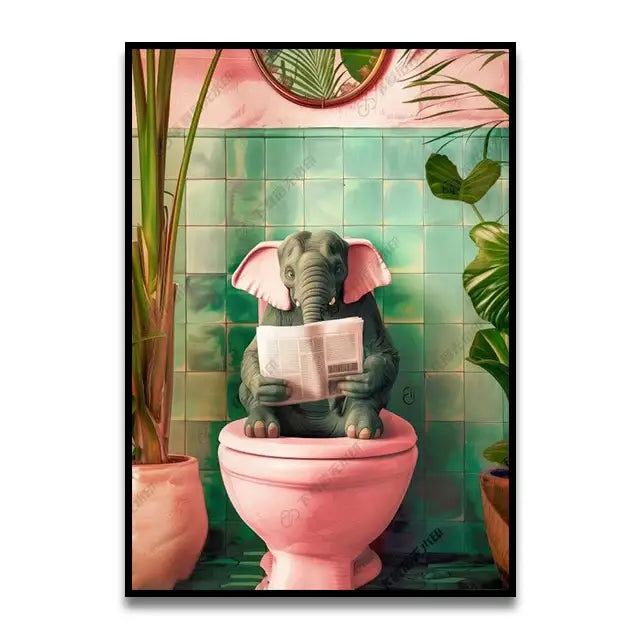 Decorbites™ whimsical wall art of gray elephant with pink ears reading on toilet with green tiles and plants background