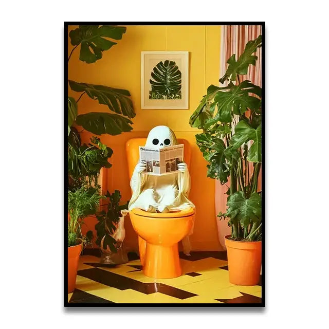 A whimsical ghost figurine with a white skull face on an orange toilet bowl in decorbites™ cat reading wall art