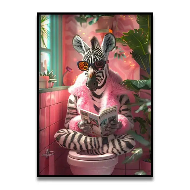 Decorbites™ funny cat reading on toilet wall art featuring a zebra with sunglasses and pink coat in a vibrant bathroom
