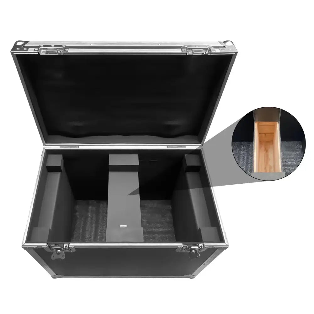 Black aluminum decorbites g-tour style case with silver latches and custom foam inserts for stage light storage