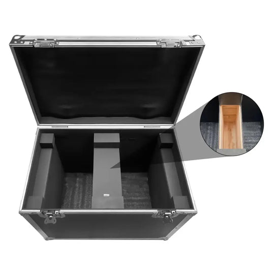 Black aluminum decorbites g-tour style case with silver latches and custom foam inserts for stage light storage
