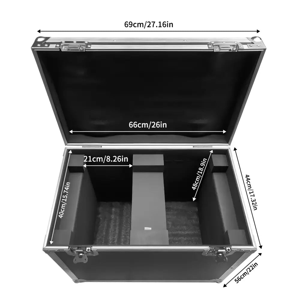 Black decorbites g-tour style case with silver aluminum edges and latches featuring molded foam for secure storage