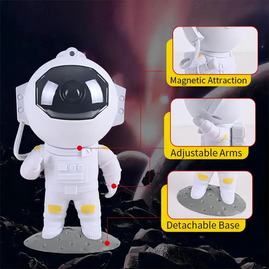 White decorbites galaxy astronaut figurine night light with black visor, yellow accents, magnetic arms, and detachable base