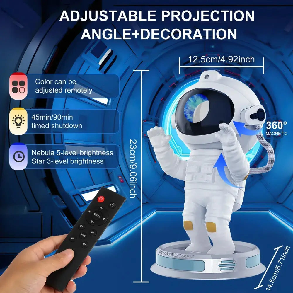 White decorbites galaxy astronaut figurine night light with glowing blue helmet projection on circular base for bedroom
