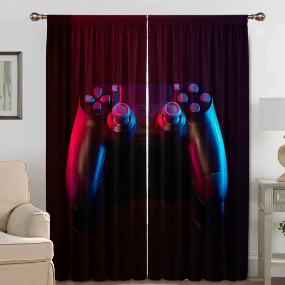 Decorbites game console handle curtains in dark red feature a glowing neon pink and blue playstation controller design