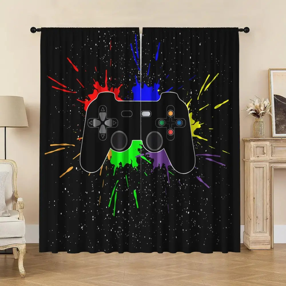 Decorbites game console handle curtains in black feature vibrant rainbow paint splatter for gaming bedroom decor