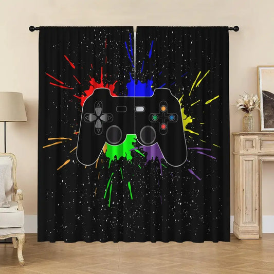 Decorbites game console handle curtains in black feature vibrant rainbow paint splatter for gaming bedroom decor