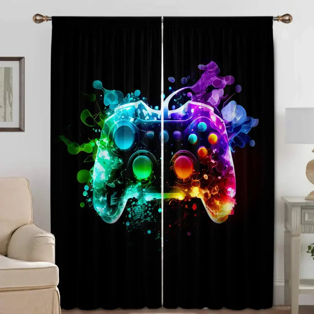 Black decorbites game console handle curtains featuring vibrant neon graphic of two gaming controllers for bedroom decor