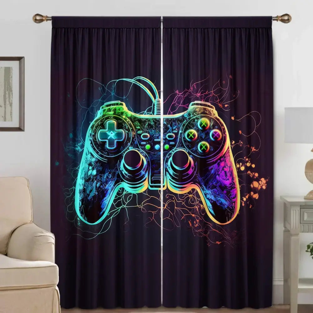 Decorbites game console handle curtains feature vibrant neon gaming controller print on dark purple fabric