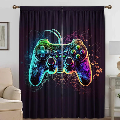 Decorbites game console handle curtains feature vibrant neon gaming controller print on dark purple fabric