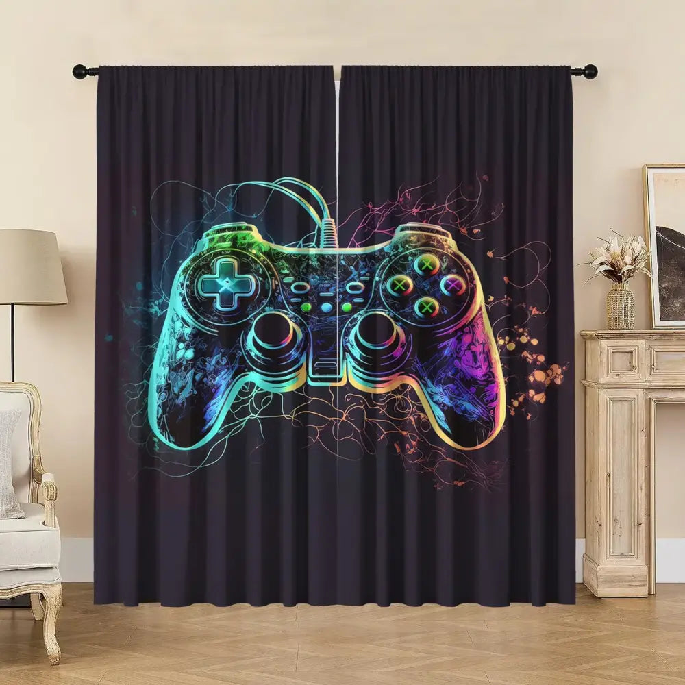 Decorbites game console handle curtains in black feature a vibrant neon-colored gaming controller design with glowing accents