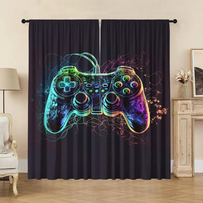 Decorbites game console handle curtains in black feature a vibrant neon-colored gaming controller design with glowing accents