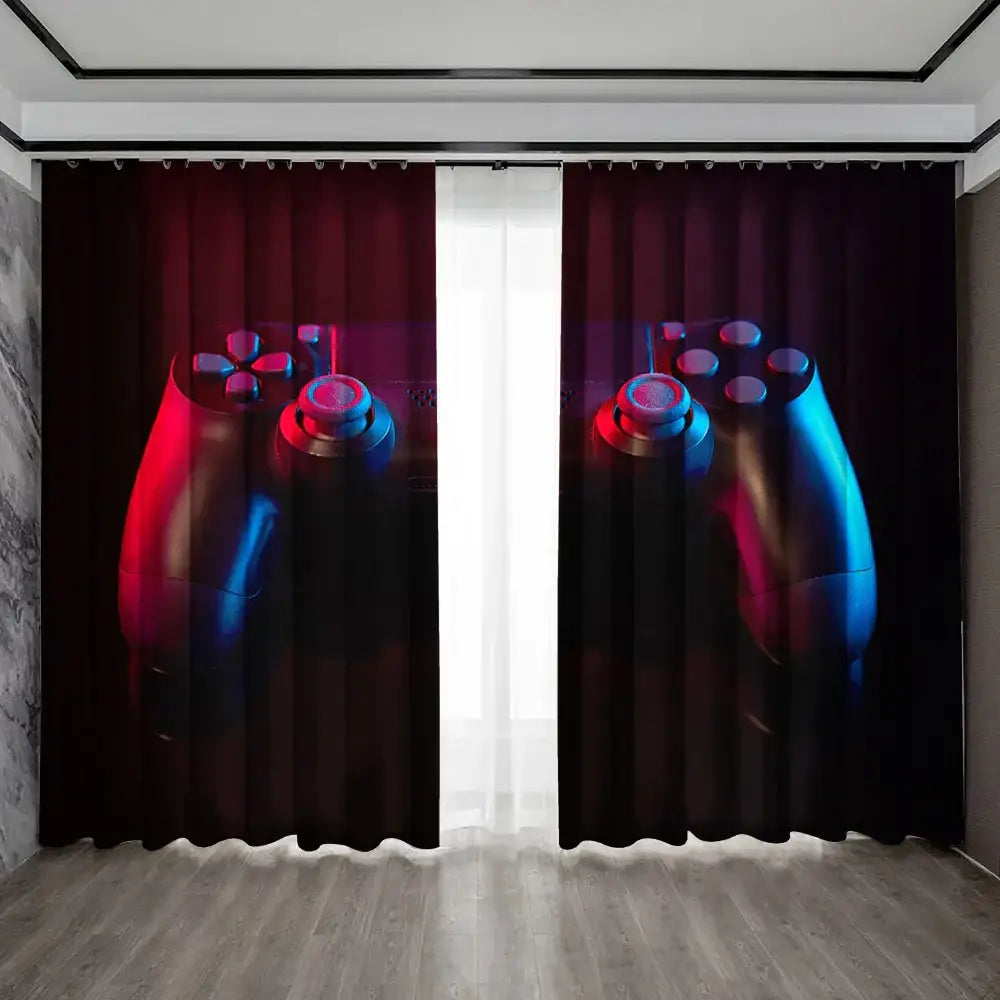 Decorbites game console handle curtains in dark red and black featuring vibrant neon blue and pink playstation controller design