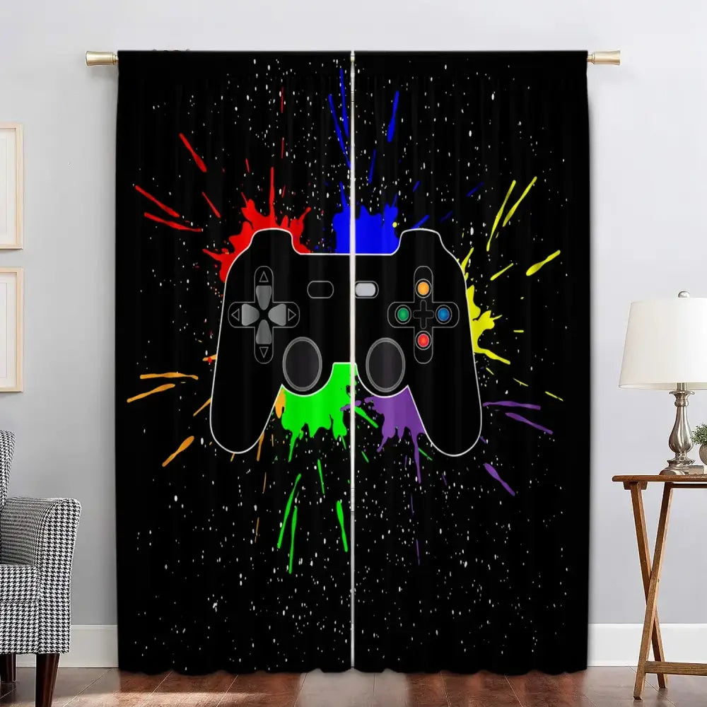 Decorbites game console black curtains with vibrant rainbow paint splatter console handle design for bedroom decor